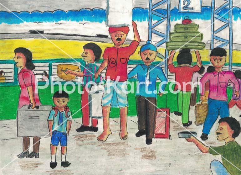 DGA0000216, New, a railway station scene drawing, Drawing photo, Lifestyle photo, Rural India photo, station, rail, serampore photography, stock images, Indian stock images, royalty images, photoskart, free HD image, free commercial, a-railway-station-scene-drawing, child drawing