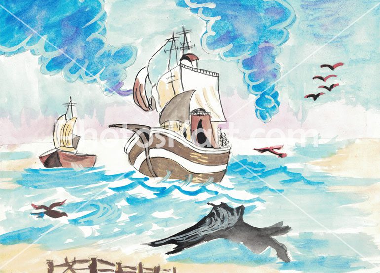 Ships In The Sea Drawing