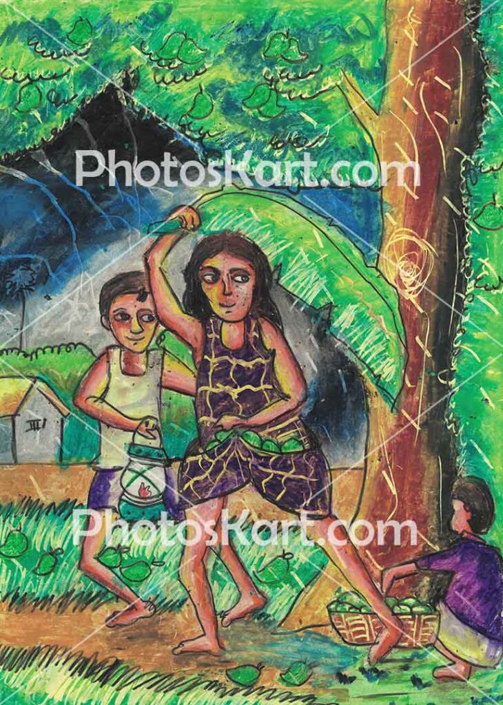 Little Boy And Girl In Village Drawing