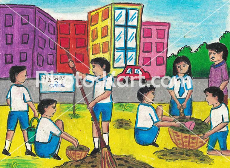 Students Cleaning School Drawing