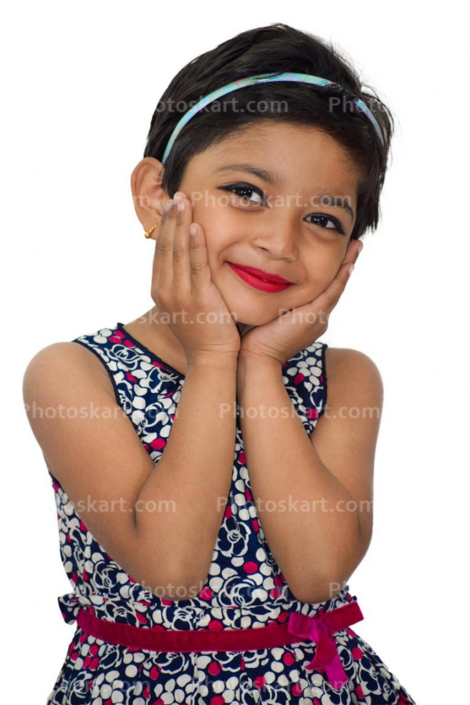 Indian Little Girl Touch Cheek By Two Hands