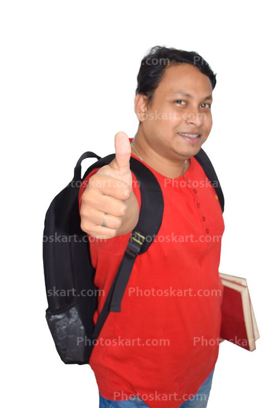 Smiley Student Showing Thumbs Up With Red Tshirt And Black Bag DG00103519, New, Smiley student showing thumbs up with red tshirt and black bag