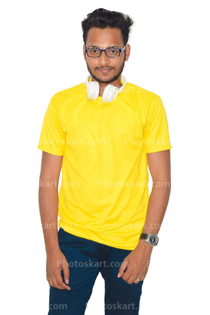 A Young Boy Standing Wear A Yellow T Shirt With Headphone