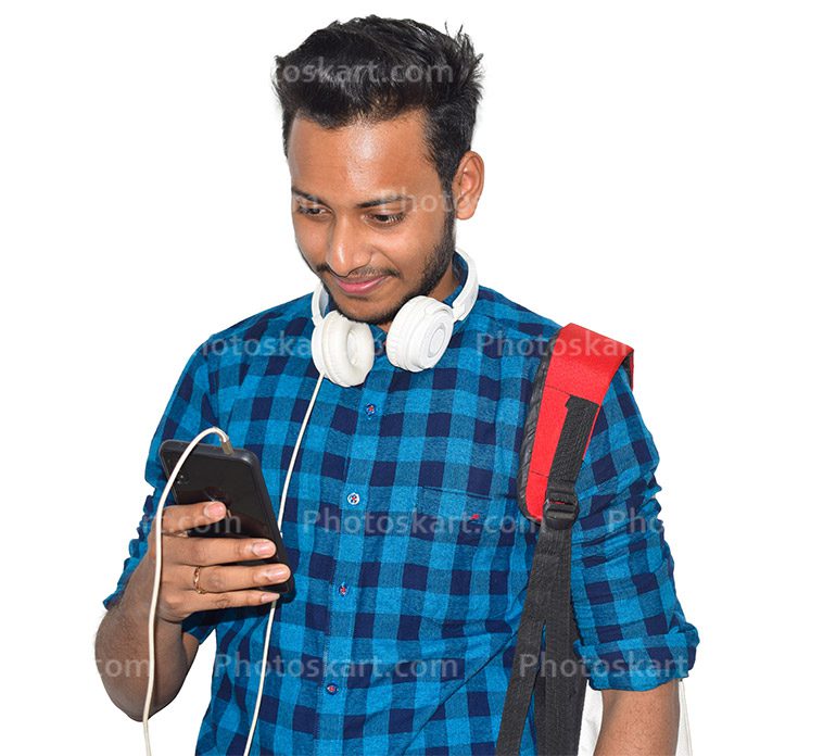 A Student Wearing Headphones Holding Smartphone