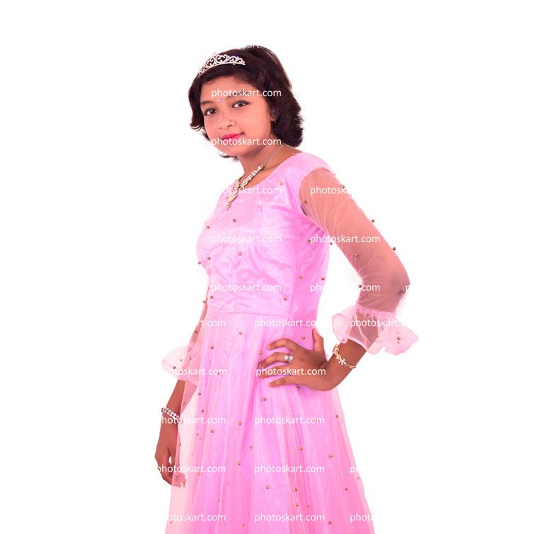 A Cute Girlin Pink Dress Posing With One Hand On Waist