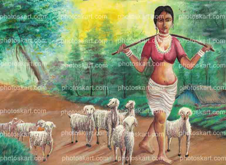 An Indian Shepherd Girl Art Painting With Lamp
