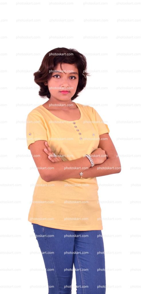 Confident Girl Standing With Crossing Hands
