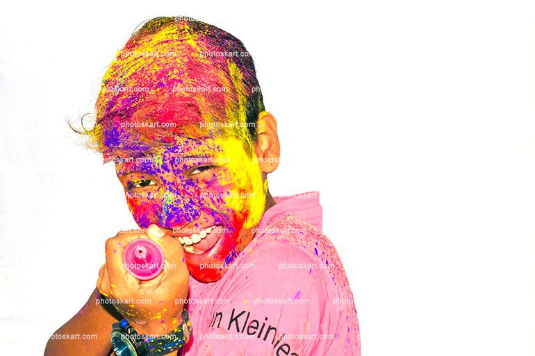 A Indian Boy Happy Face On Holi Hold A Pichkari In Hand