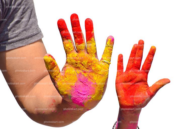 Two Arms Raised And Colorful Painted Hands Stock Photo