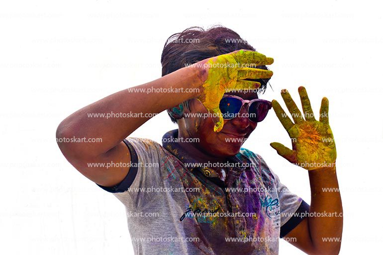 Boy Covered All Over With Holi Colours Isolated On White Background