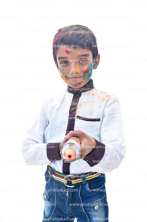 An Indian Boy Holding A Pichkari Isolated On White Background