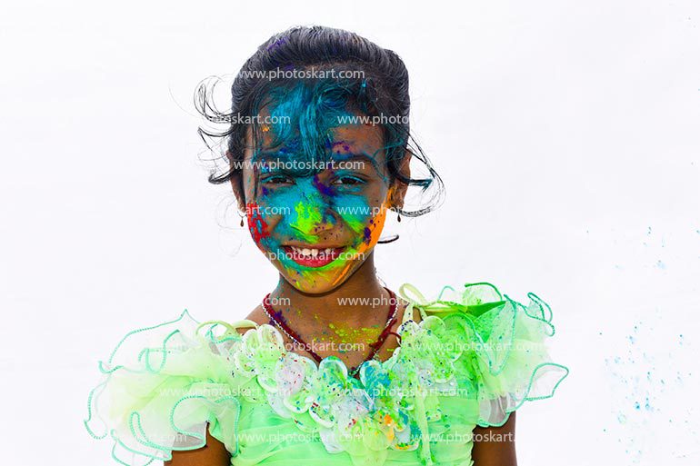 An Indian Girl Face Covered With Holi Color Stock Photos Isolated On White Background