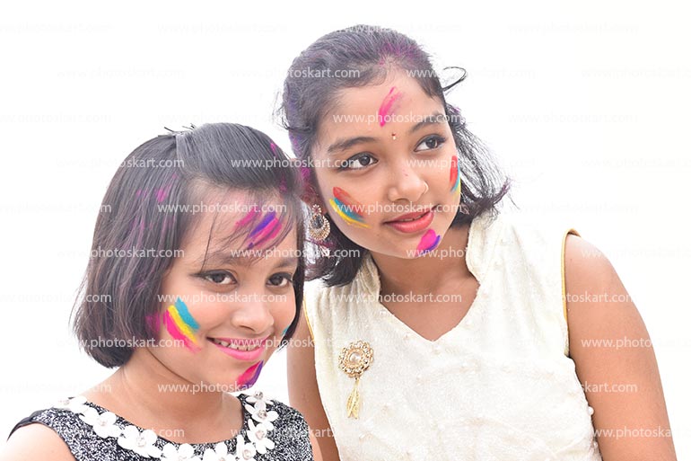 Holi Festival Two Sweet Girl Celebrating Holi Isolated On White Background