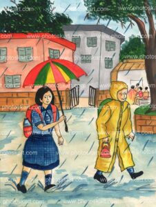 drawing of school students returning home
