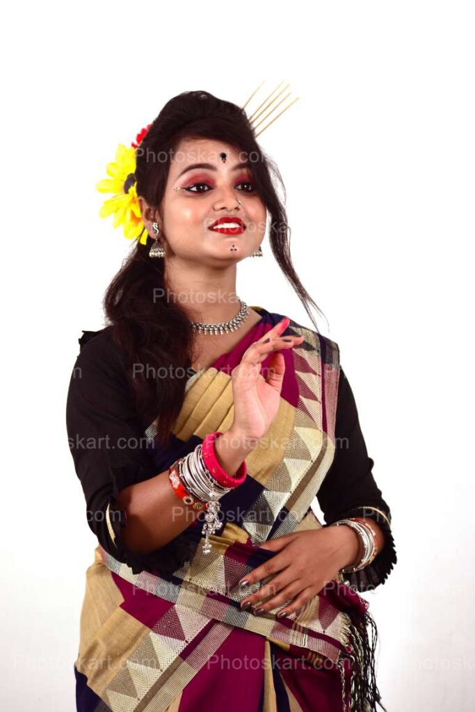 Indian Girl Wearing Traditional Santhali Sharee Stock Photo