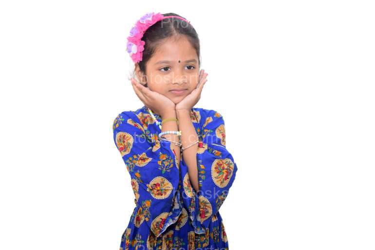 Indian Cute Girl Hands On Cheek Isolated In White Background