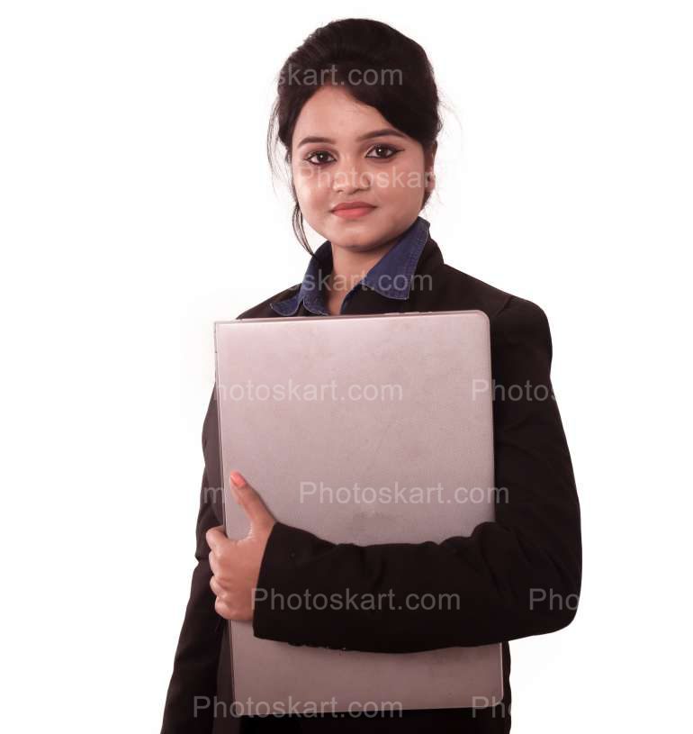 A Standing Corporate Indian Girl With Laptop Image Stock Photo