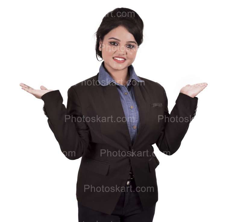 An Corporate Woman Hands Up Pose Stock Images