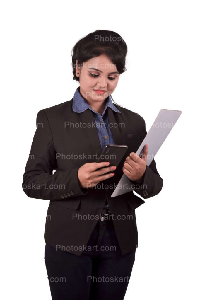 An Corporate Woman Holding A File And Checking Her Phone Stock Images