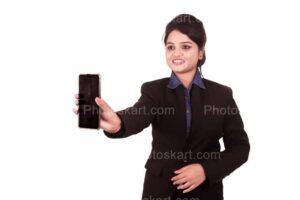 an indian corporate girl showing her smart phone images