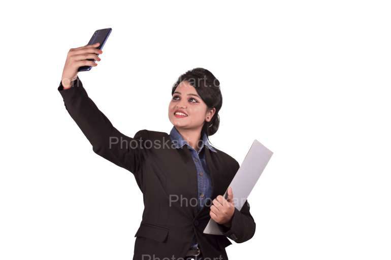 An Indian Corporate Woman Taking Selfie And A File On Other Hand Images