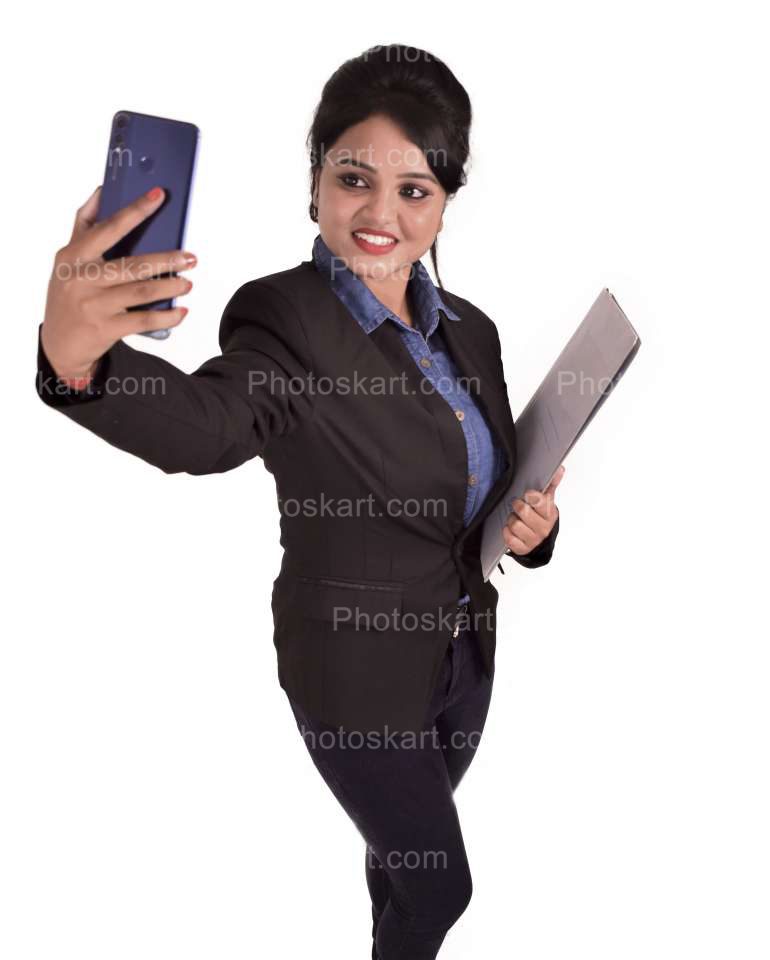 An Indian Corporate Woman Taking Selfie And Smiling Holds A File In Other Hand Full Length Image