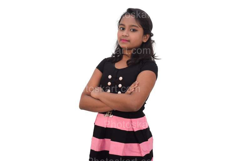An Indian Cute Girl Crossed Folded Hands Standing Isolated On White Background
