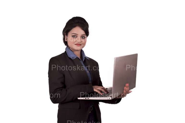 An Working Women Is Standing With Laptop Isolated On White Background