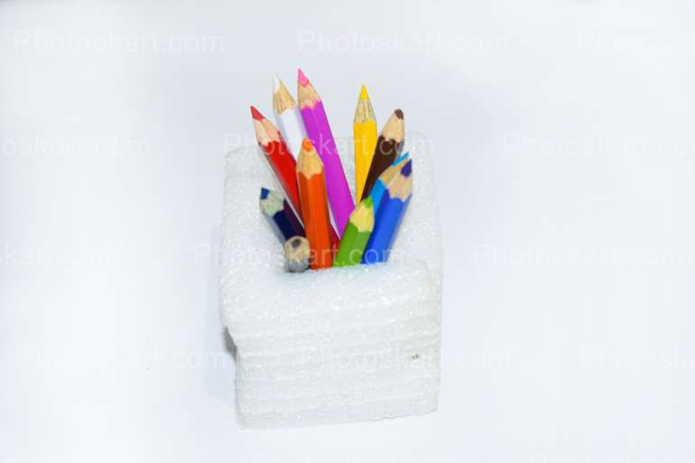 Bunch Of Color Pencils In A Container Stock Photo