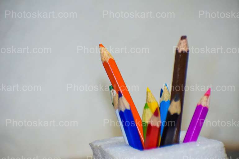 Colored Pencils In A Pencil Holder Stock Photo