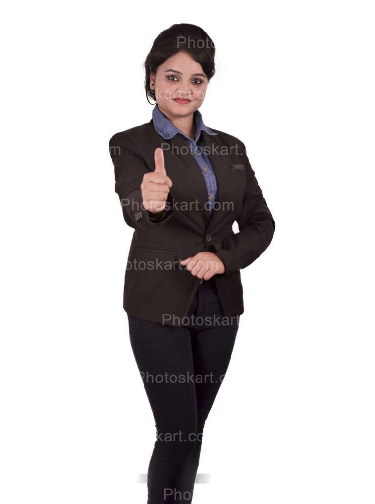 Full Length Corporate Girl Showing Thumb Up Stock Photo
