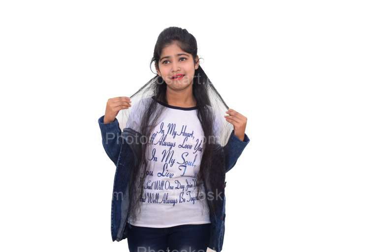 Girl Funny Posing With Hair Isolated On White Background