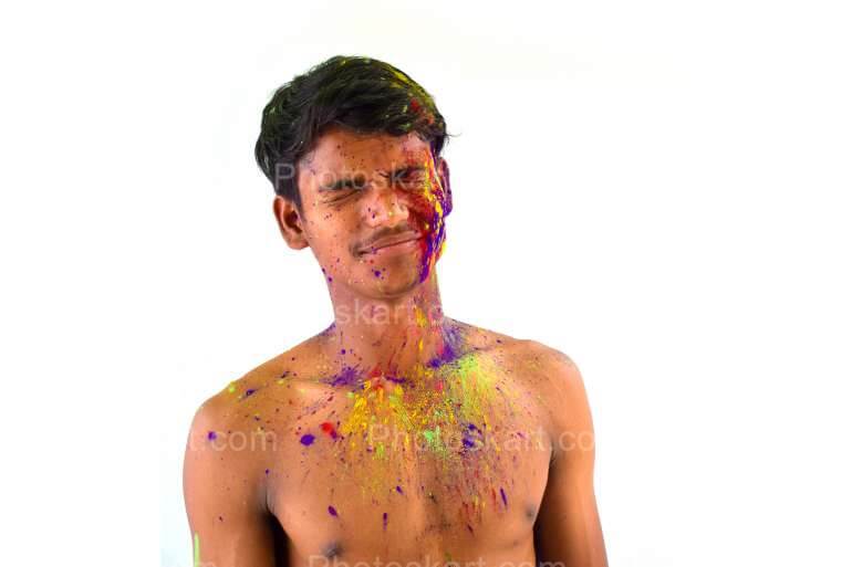 Indian Bengali Boy Playing Holi Without Shirt Stock Image
