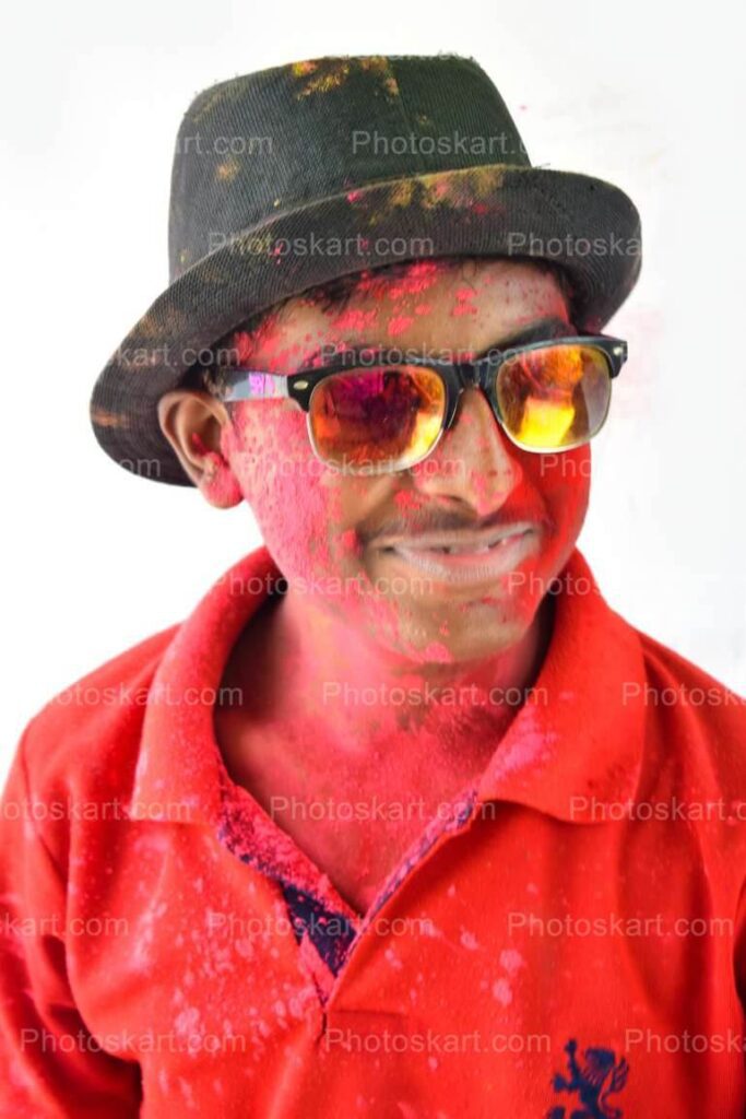 Indian Boy Wear Black Stylist Hat During Holi Festival Stock Image