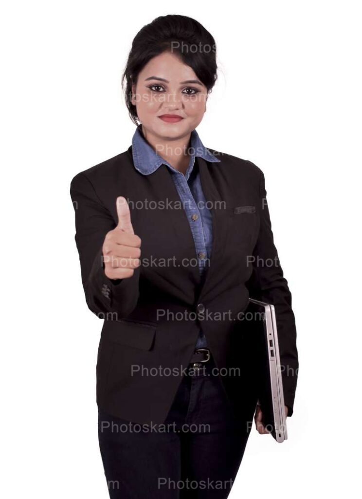 Indian Corporate Women Giving Thumbs Up And Holding A Laptop Images