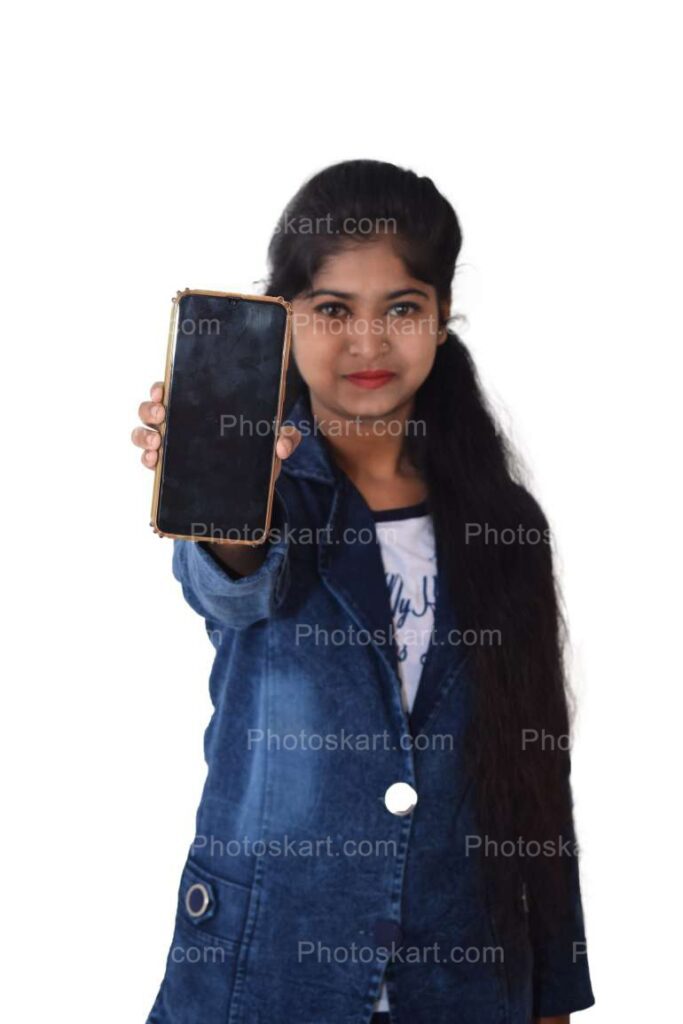Indian Girl Hold A Mobile Phone Empty Screen