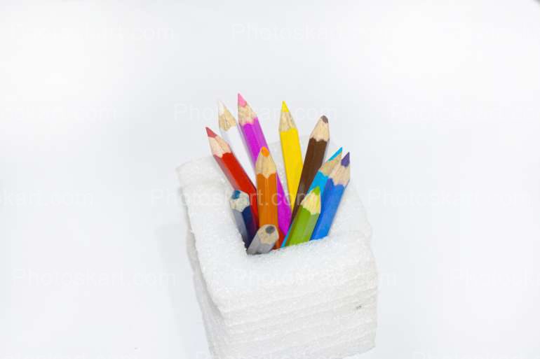 Multicolor Pencils In A Container Stock Photo
