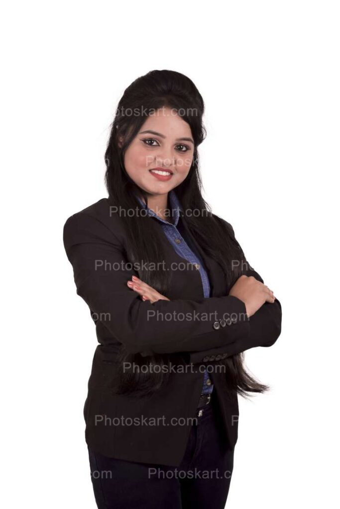 Portrait Of Smiling Woman And Folded Hands On White Isolated Background Images