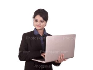 portrait of young women with laptop on white background stock photos