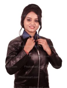 pretty indian girl weaing a black leather jacket royalty images