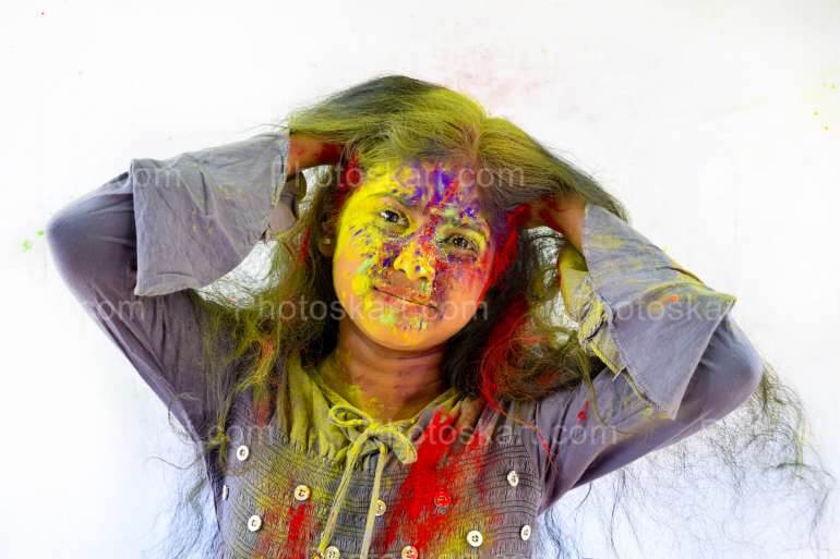 Teenage Indian Bengali Girl Enjoying Holi Stock Photos