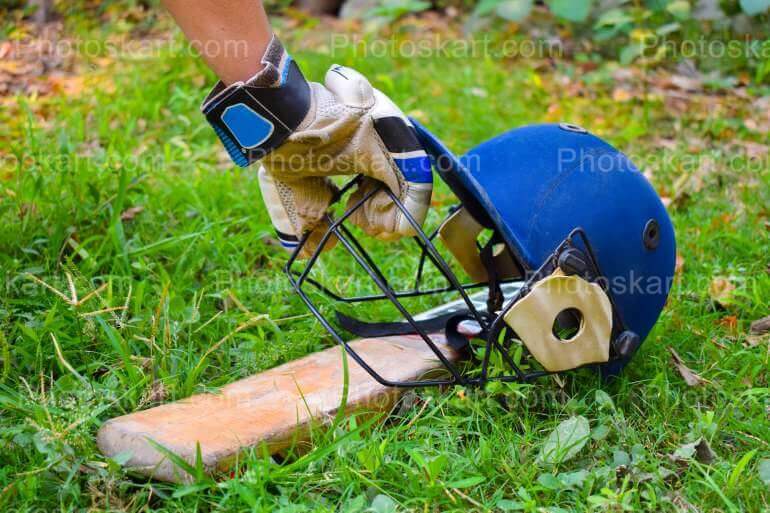 Cricket Equipment In A Field Stock Image