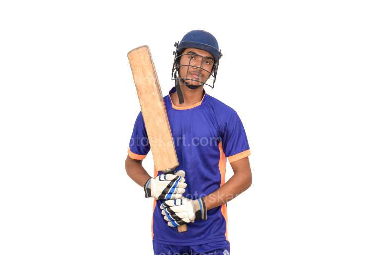 Young Cricket Batsman Standing With Cricket Bat Stock Image