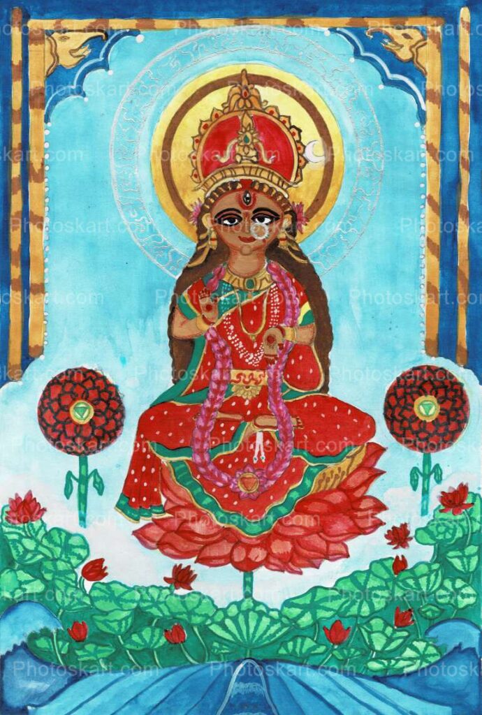 Hindu Goddess On Lotus Flower Drawing Stock Images
