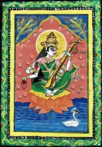 hindu goddess saraswati on lotus art drawing stock images