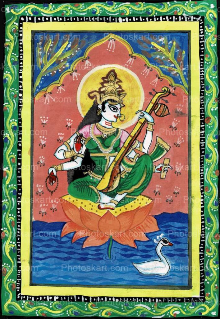 Hindu Goddess Saraswati On Lotus Art Drawing Stock Images