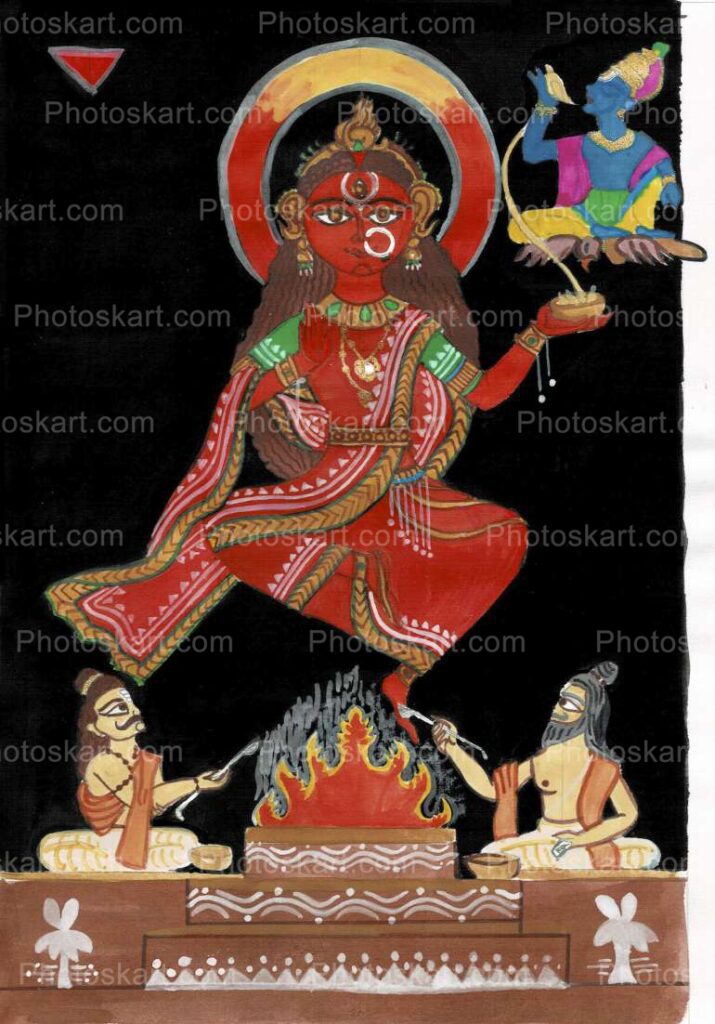 Monk Doing Homa Front Of Hindu Goddess Drawing Stock Images