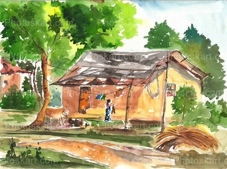 DG7292290921, rural indian village watercolor painting images, new, drawing image, painting, drawing stock image, drawing stock photo, drawing images, high quality drawing image