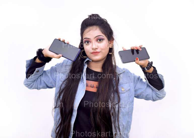 Cute Indian Girl Showing Her Two Mobile Phone