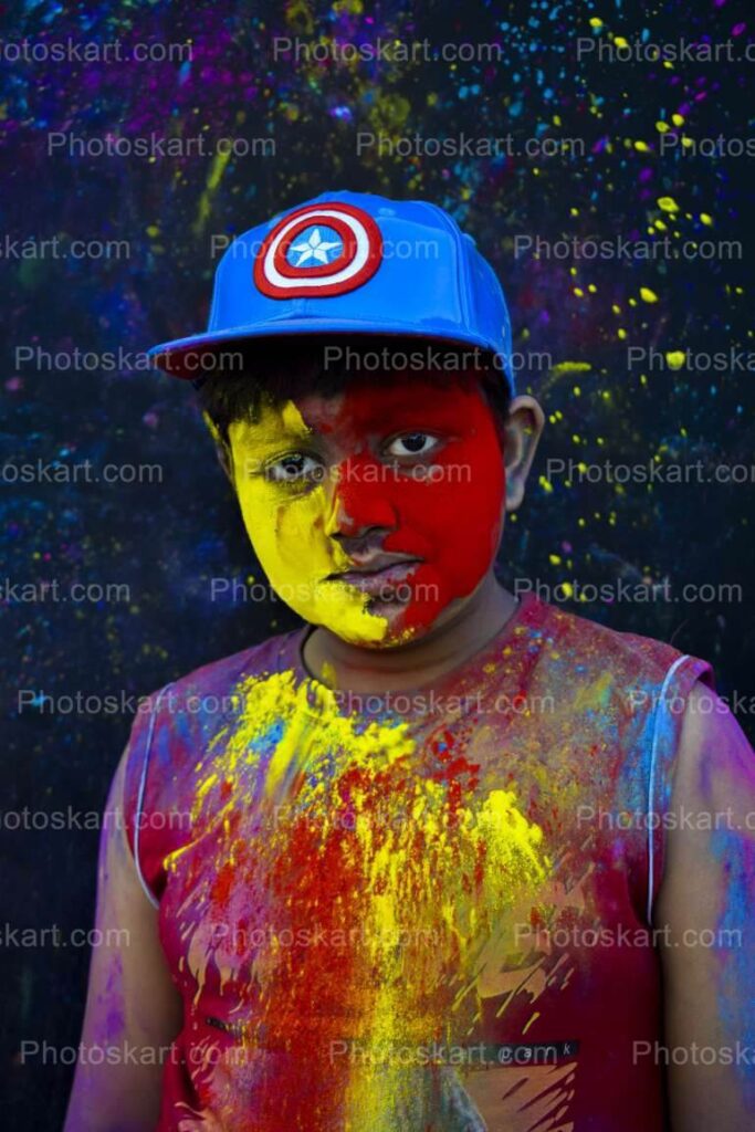 A Little Boy Serious During Holi